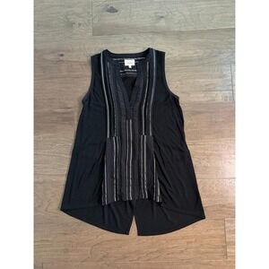 Deletta Anthropologie Black Striped Mixed Media Split Back Tunic Top Small